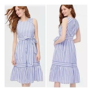 J Crew Preppy Blue & White Stripe Cotton Midi Dress Pockets Sz 12